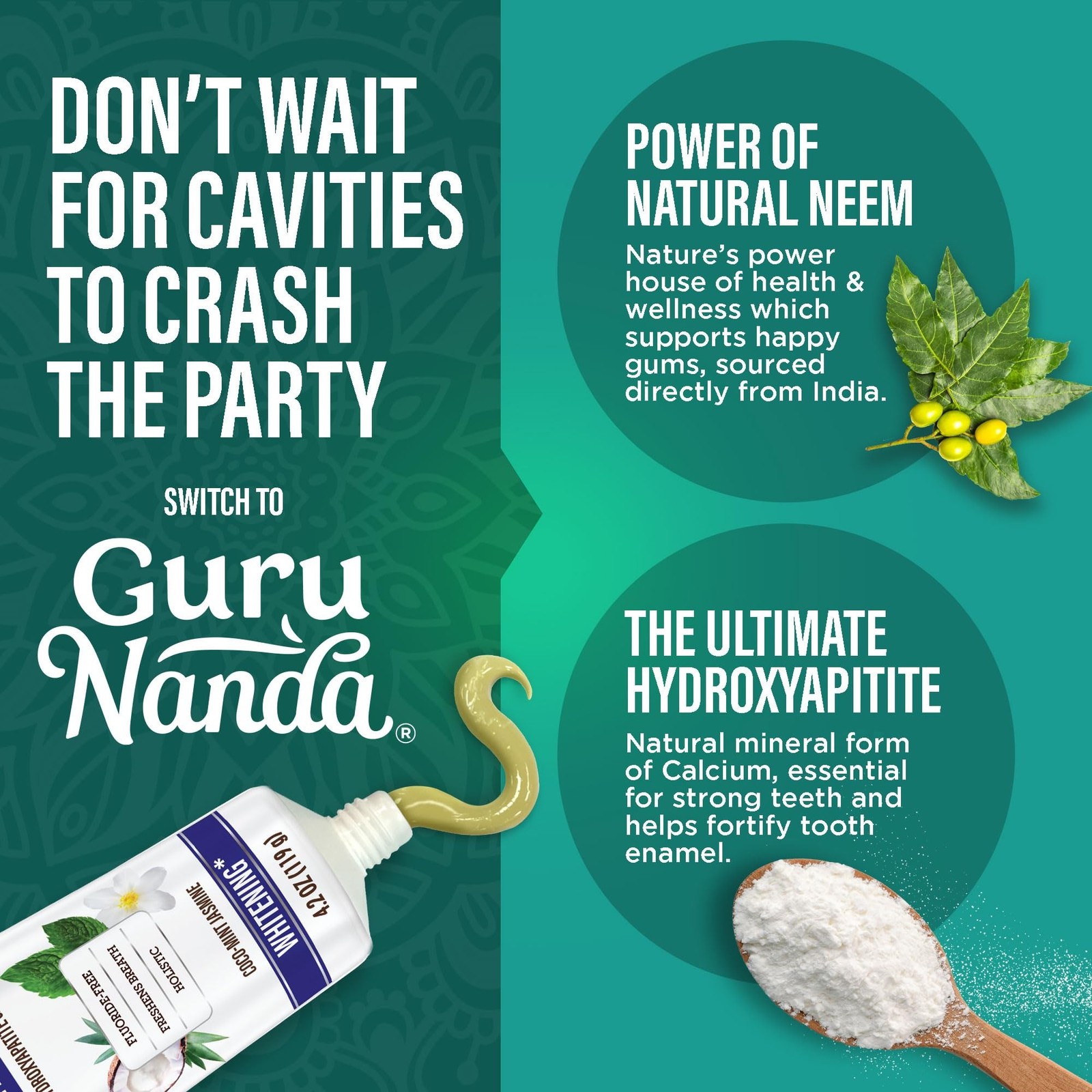 GuruNanda Hydroxyapatite Toothpaste Whitening Neem Xylitol SLS Fluoride Free