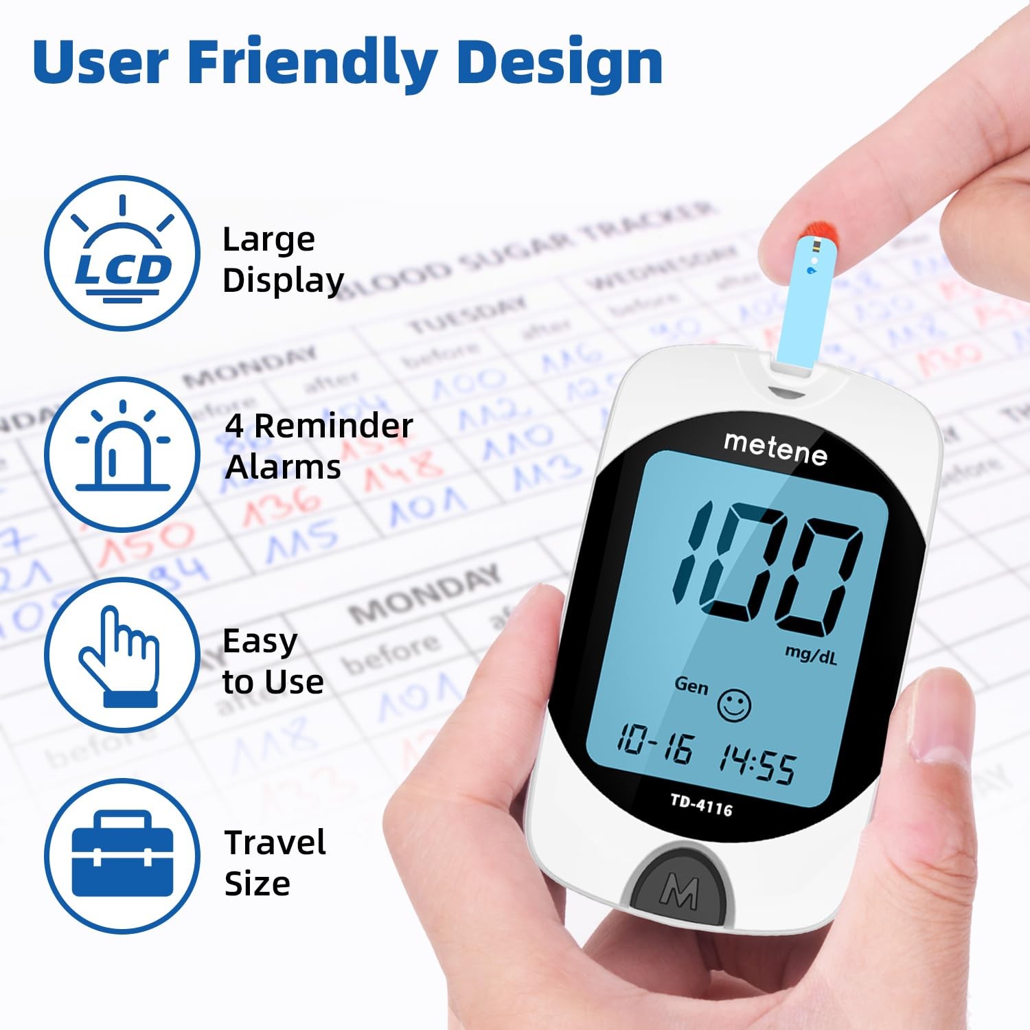Metene TD-4116 Blood Glucose Monitor Kit, 100 Glucometer Strips, No Coding | 100