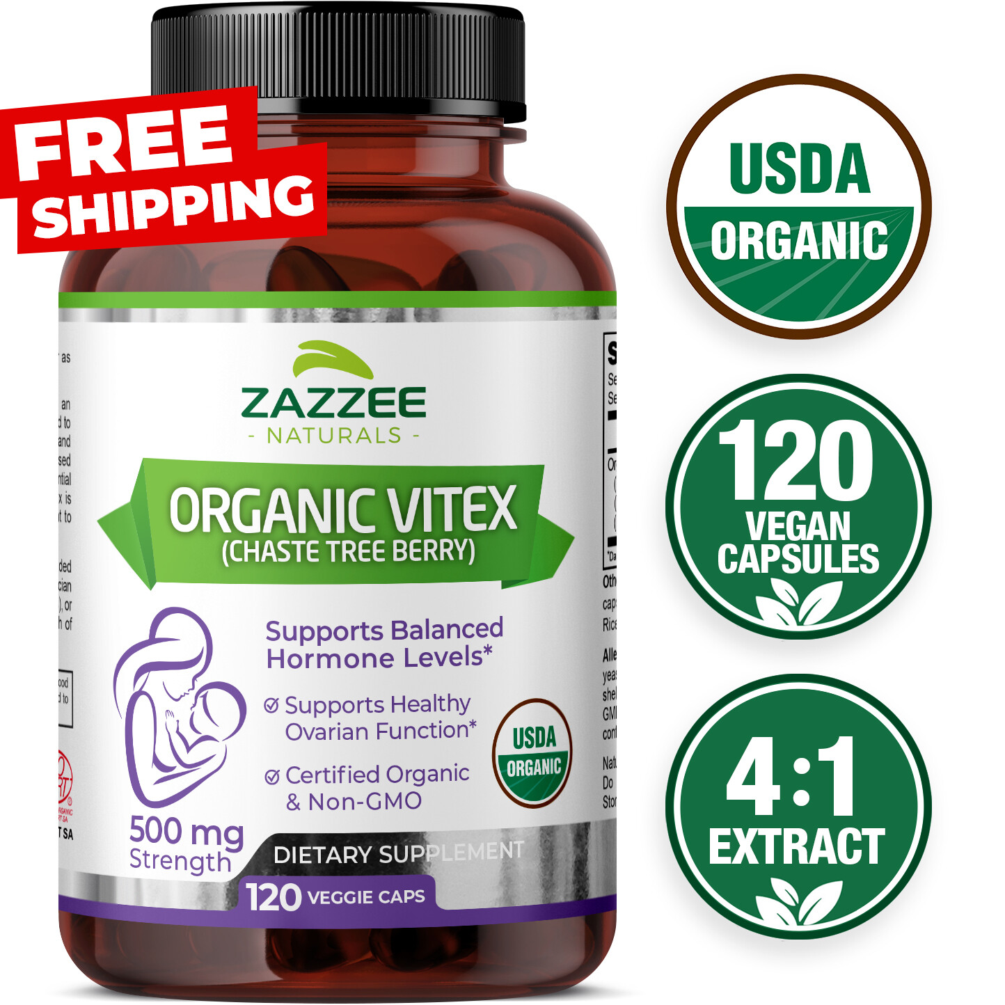 Vitex USDA Organic 500 mg Strength 120 Veggie Caps 4:1 Extract 4 Month Supply