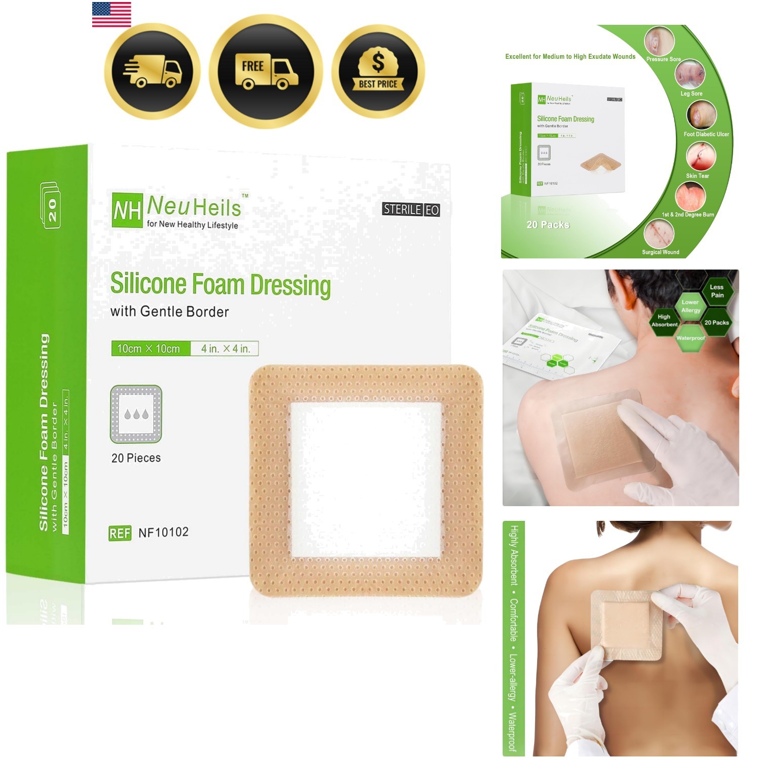 Silicone Foam Dressing with Gentle Border 4”x4”, 20 Pack for Bed Sore Leg U…