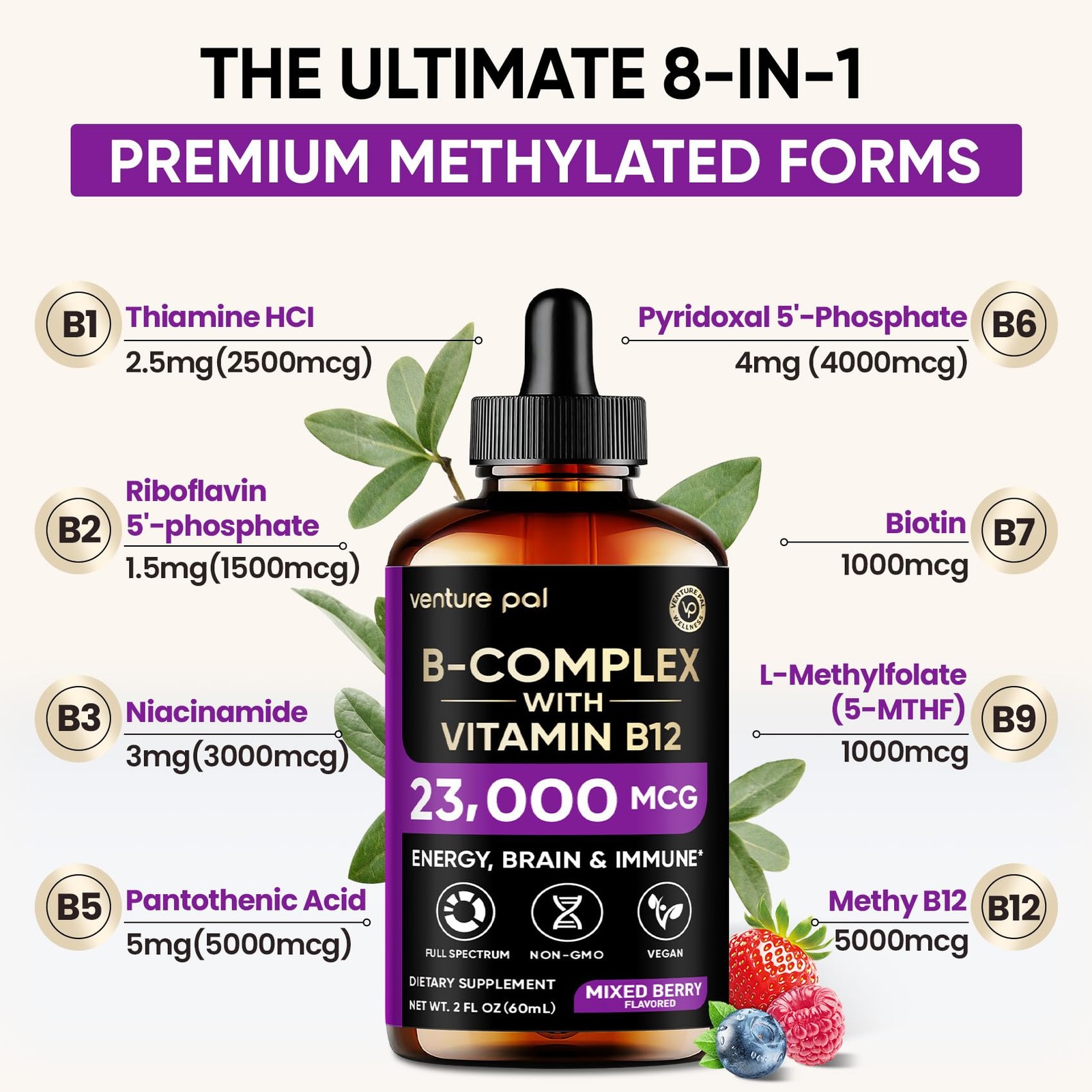 11-in-1 Vitamin B Complex Liquid Drops, B12 Methylcobalamin | B9 Folic | B1,B…