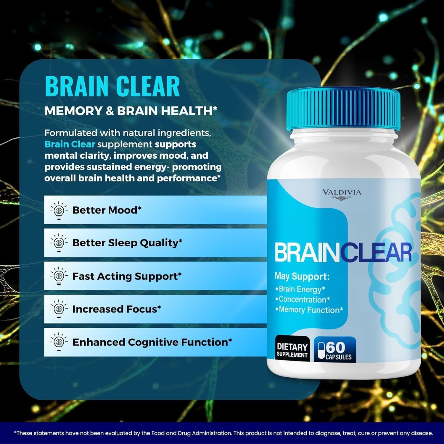 Brain Clear Memory Focus Supplement Capsules Nootropic Daily 1 Pack 60Ct