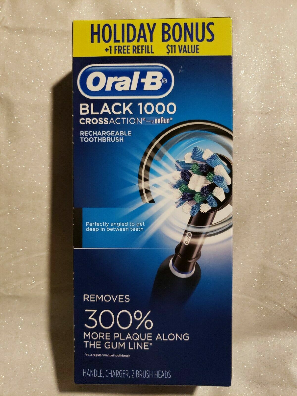NEW Oral B Black-1000 CrossAction 3D Rechargeable Toothbrush W/ FREE Refill