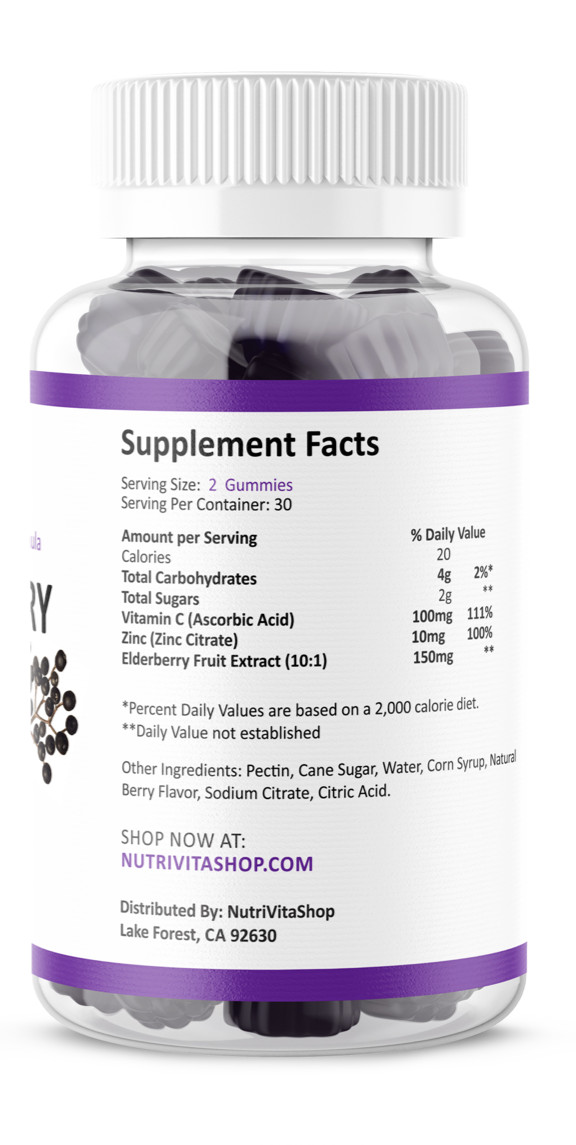 Black Elderberry Gummies 60 Count Vitamin C Zinc Natural Berry Flavor Immune +