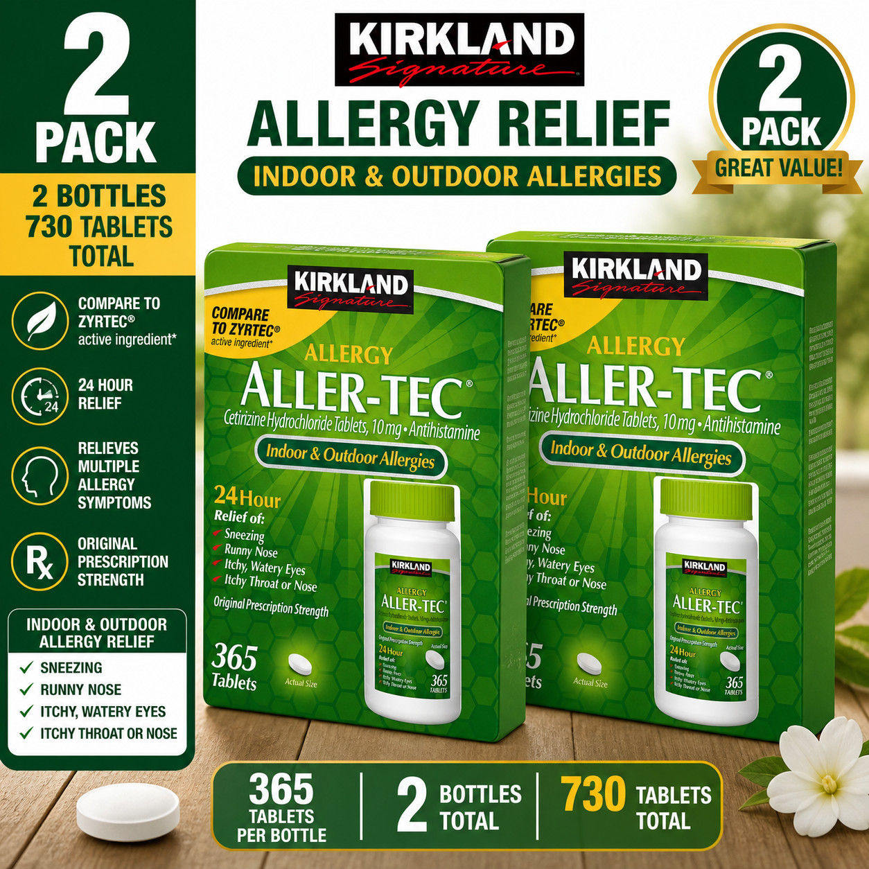 2-Pack Kirkland Signature Aller-Tec 10 mg Tablets, 365 count
