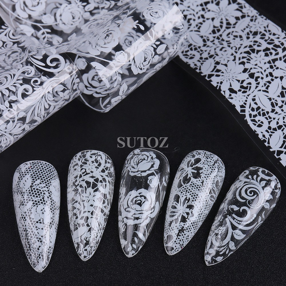 10Pcs Retro Black White Flower Lace Foils Nail Art Transfer Stickers Decals NH30