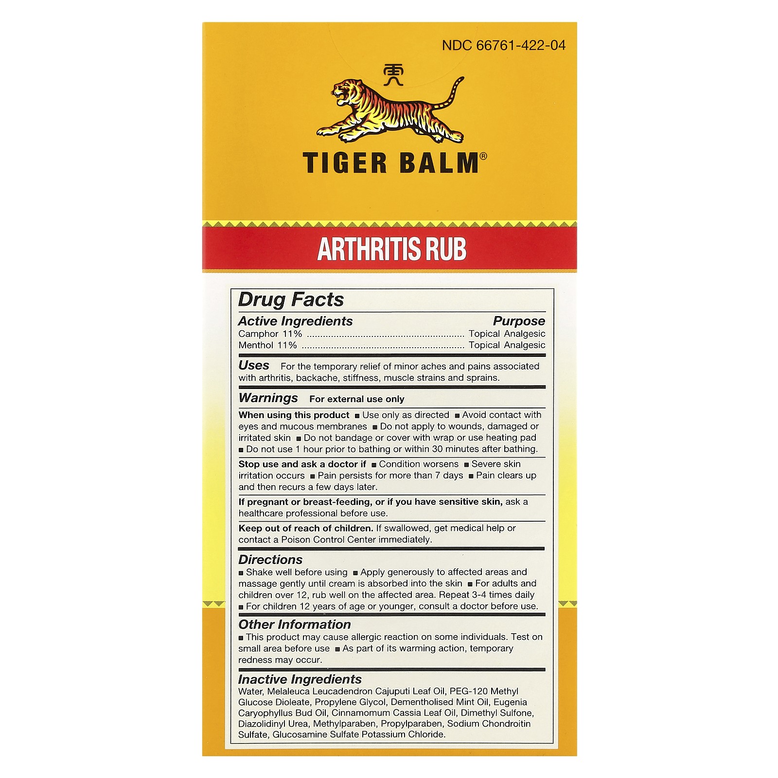 Tiger Balm Arthritis Rub Alcohol-Free 4 fl oz 113 ml Alcohol-Free