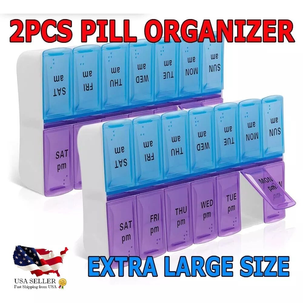 Pill Box Extra Large 7″ x 3.5″ Am/PM Twice a Day Organizer Case Medicine Weekly