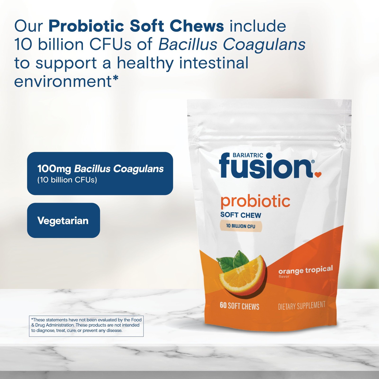 Probiotic Soft Chews Bacillus Coagulans 10 Billion CFU Orange Tropical 60 Count