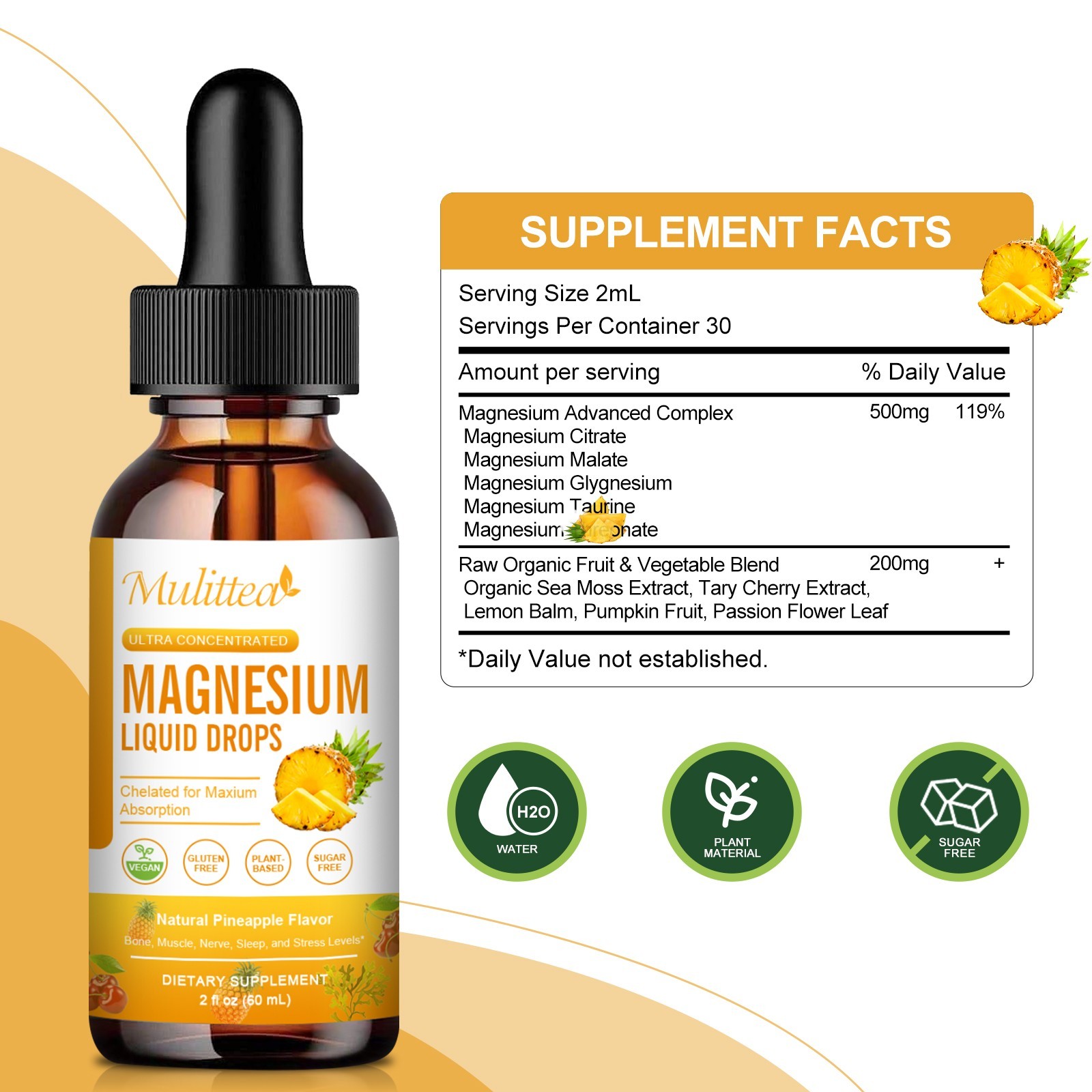 2 Packs Magnesium Glycinate Liquid Drops 2000mg Improve Sleep,Anxiety Relief