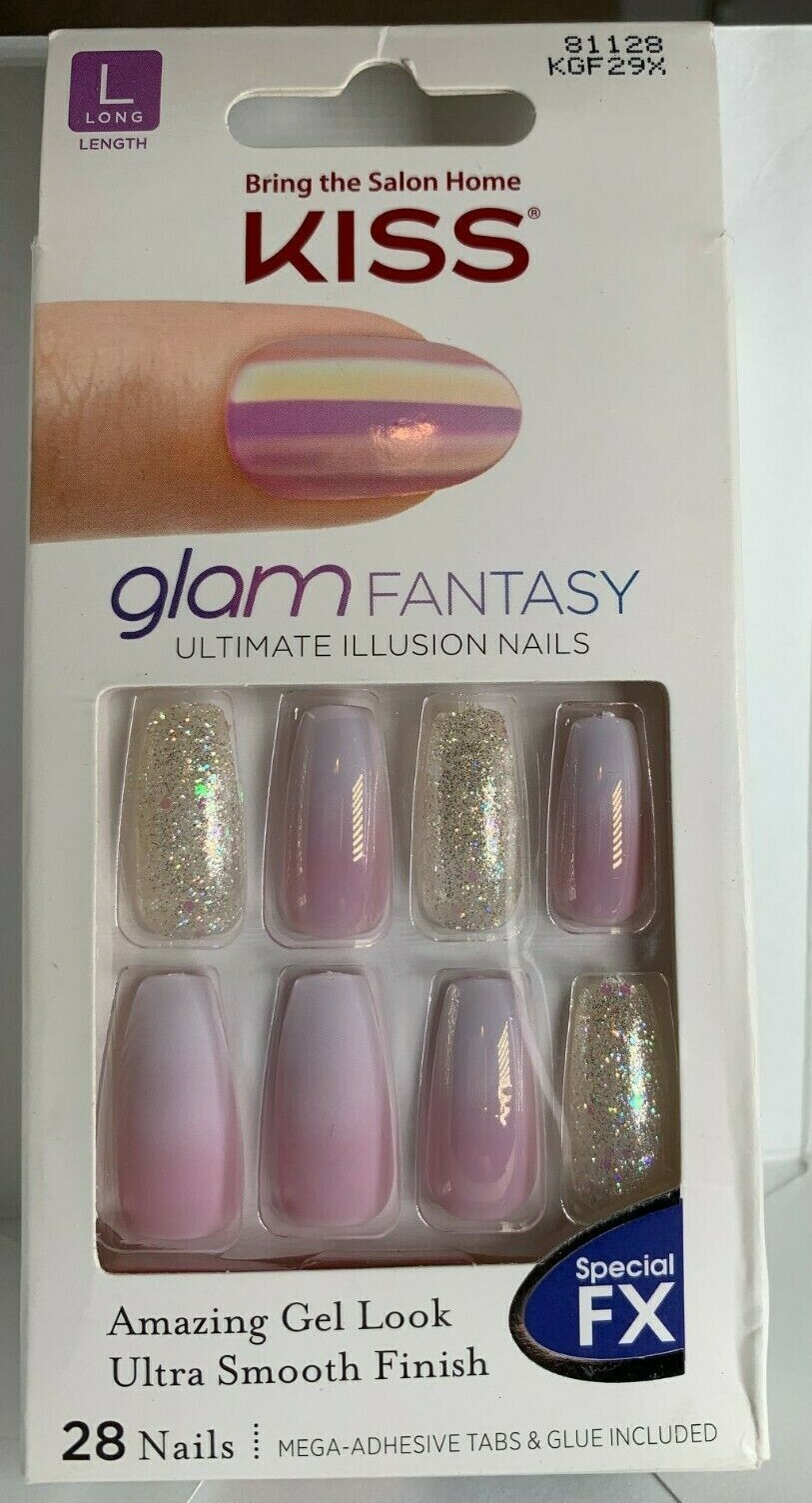 Kiss Nails Glam Fantasy Glue/Press on Manicure Long Purple Fade Silver Glitter