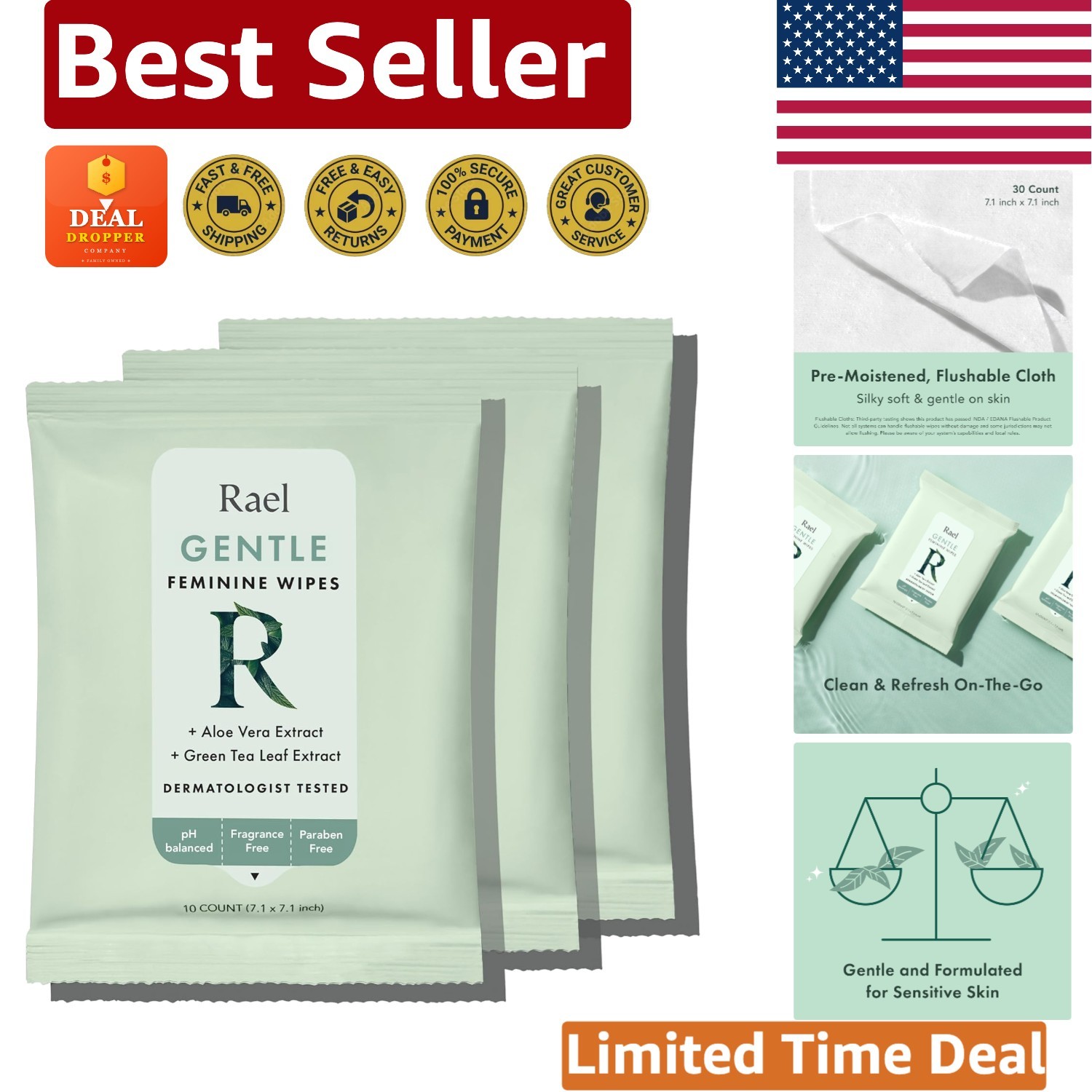 Gentle PH Balanced Feminine Wipes, 10 Count Pack of 3 – Unscented & Flushable