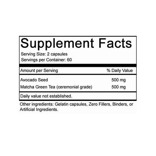 120 Raw Avocado Seed + Matcha Capsules (1000 mg) – Digestion,Energy,Fiber & More