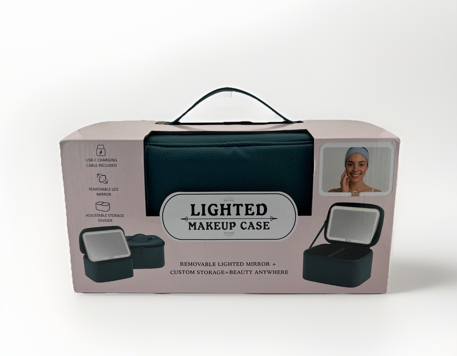 Lighted Makeup Case Bag GREEN 9.5″x6.5″x5″ w/ USB-C Charge Removable LED Mirror