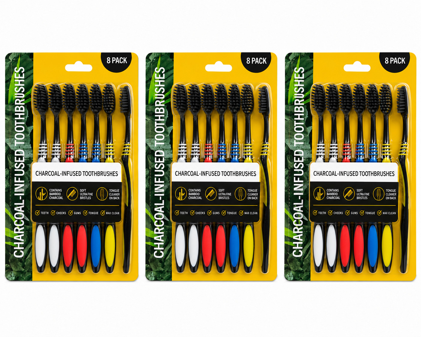 3 Pack 2×8 Charcoal Infused Toothbrushes Bamboo Charcoal Soft 48 Toothbrushes