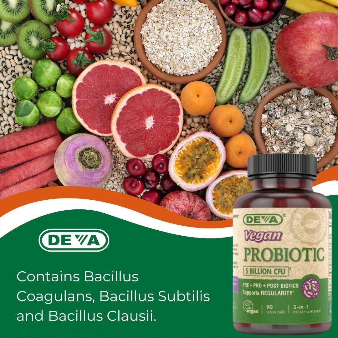 DEVA Vegan Probiotic Supplement, 5 Billion CFU Pre/Pro/Postbiotics, 90 Capsules