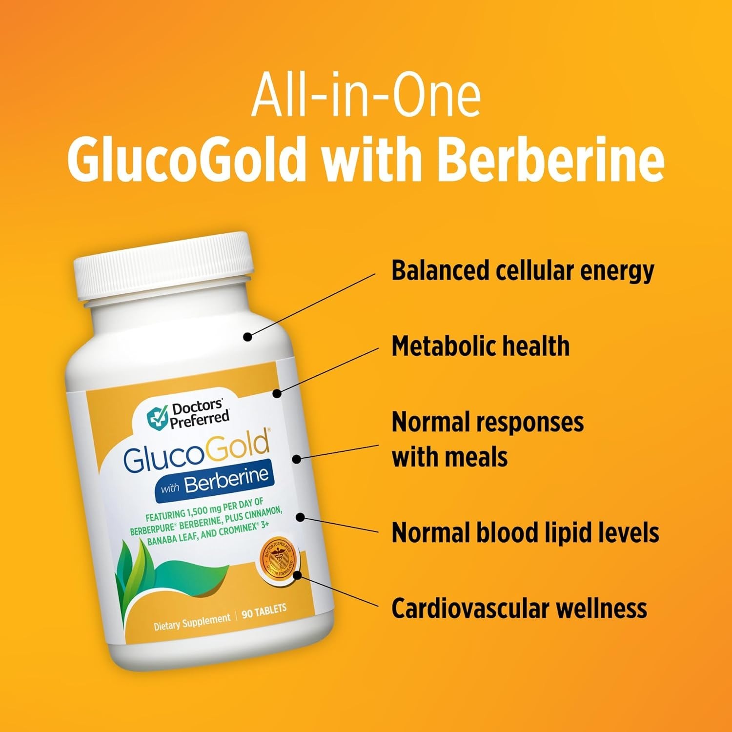 Doctors Preferred GlucoGold Berberine 1500mg Cinnamon Chromium 90 Tablets