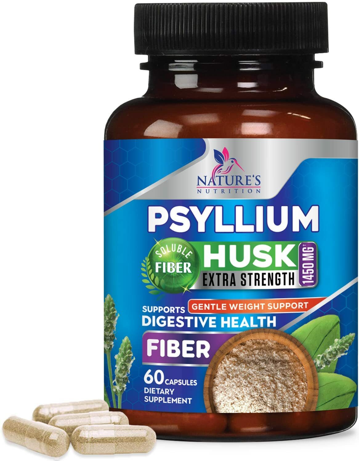 Psyllium Husk Capsules, Max Potency Dietary Fiber 1450mg, 100% Soluble Pills