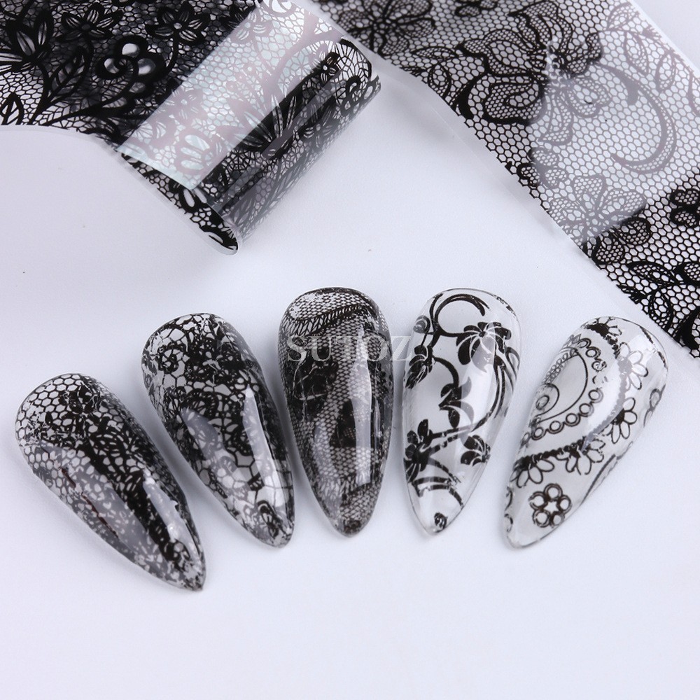 10Pcs Retro Black White Flower Lace Foils Nail Art Transfer Stickers Decals NH30