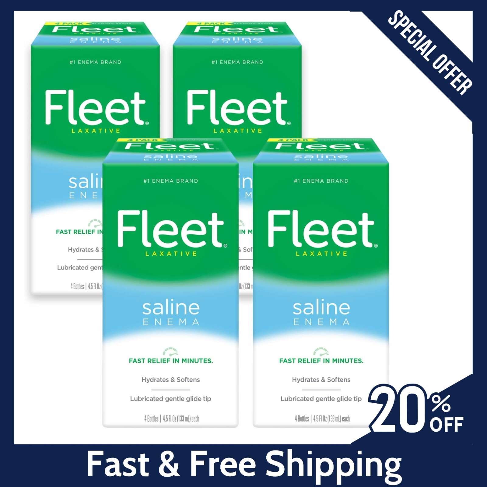 Fleet Laxative Saline Enema for Adult Constipation 4.5 fl oz 4 Bottles pack, NEW