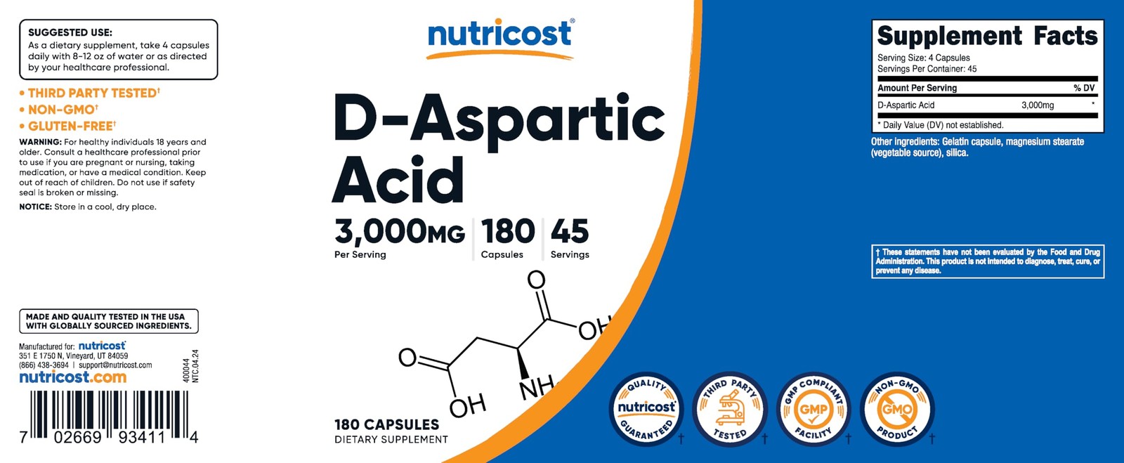 Nutricost D-Aspartic Acid (DAA) Capsules 3000mg Per 180 Count (Pack of 1)