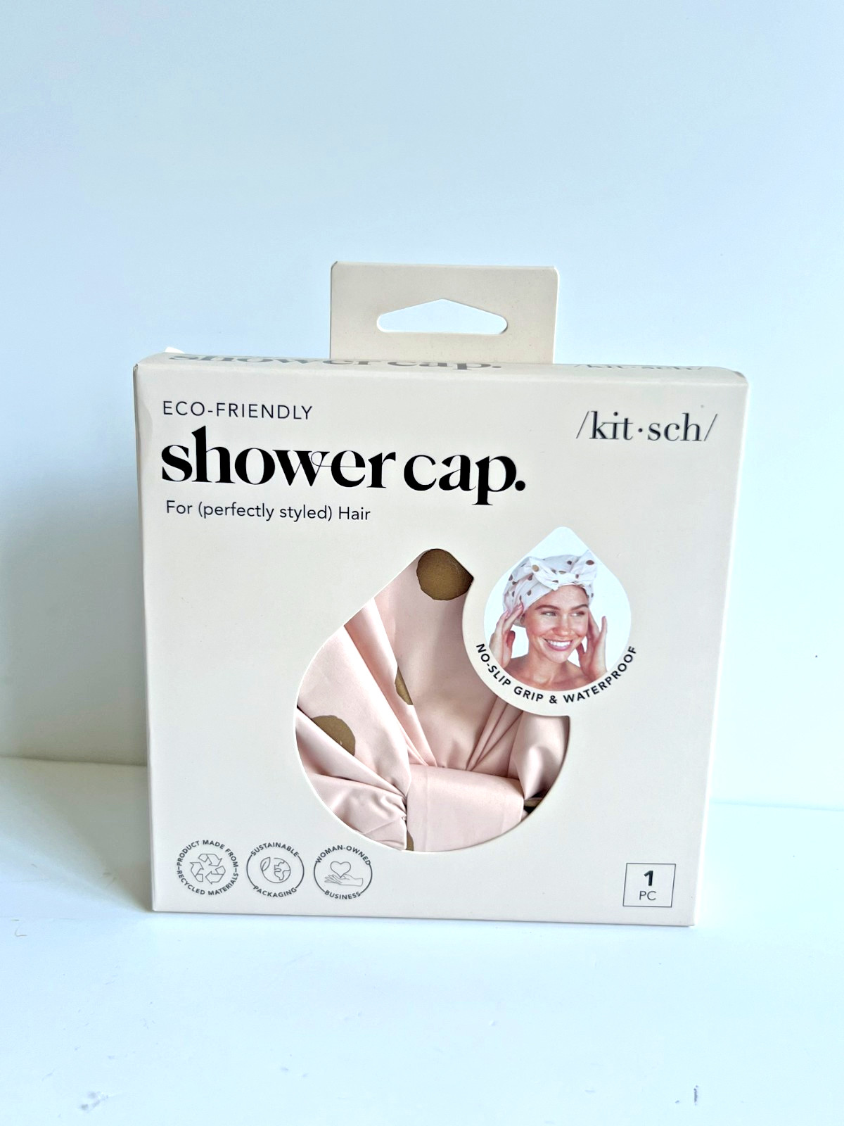 Kitsch Reusable Plastic Shower Cap One Size Blush Dot – NEW –