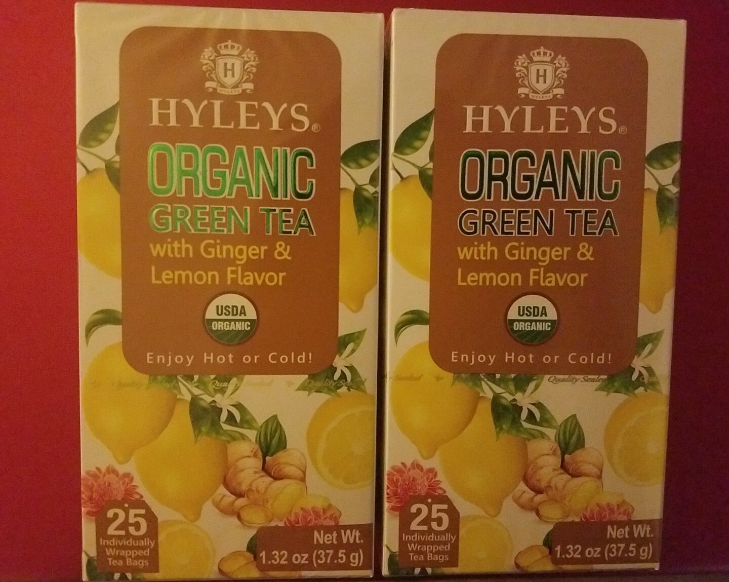 2 PACK HYLEYS ORGANIC GREEN TEA WITH GINGER & LEMON FLAVOR SUGAR FREE (50BAGS)