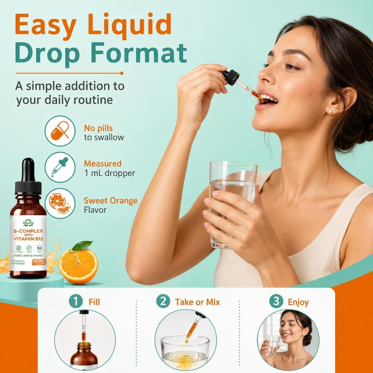 Suiyilary Vitamin B Complex Liquid Drops, B12 Methylcobalamin, B9 Folic, Vitamin
