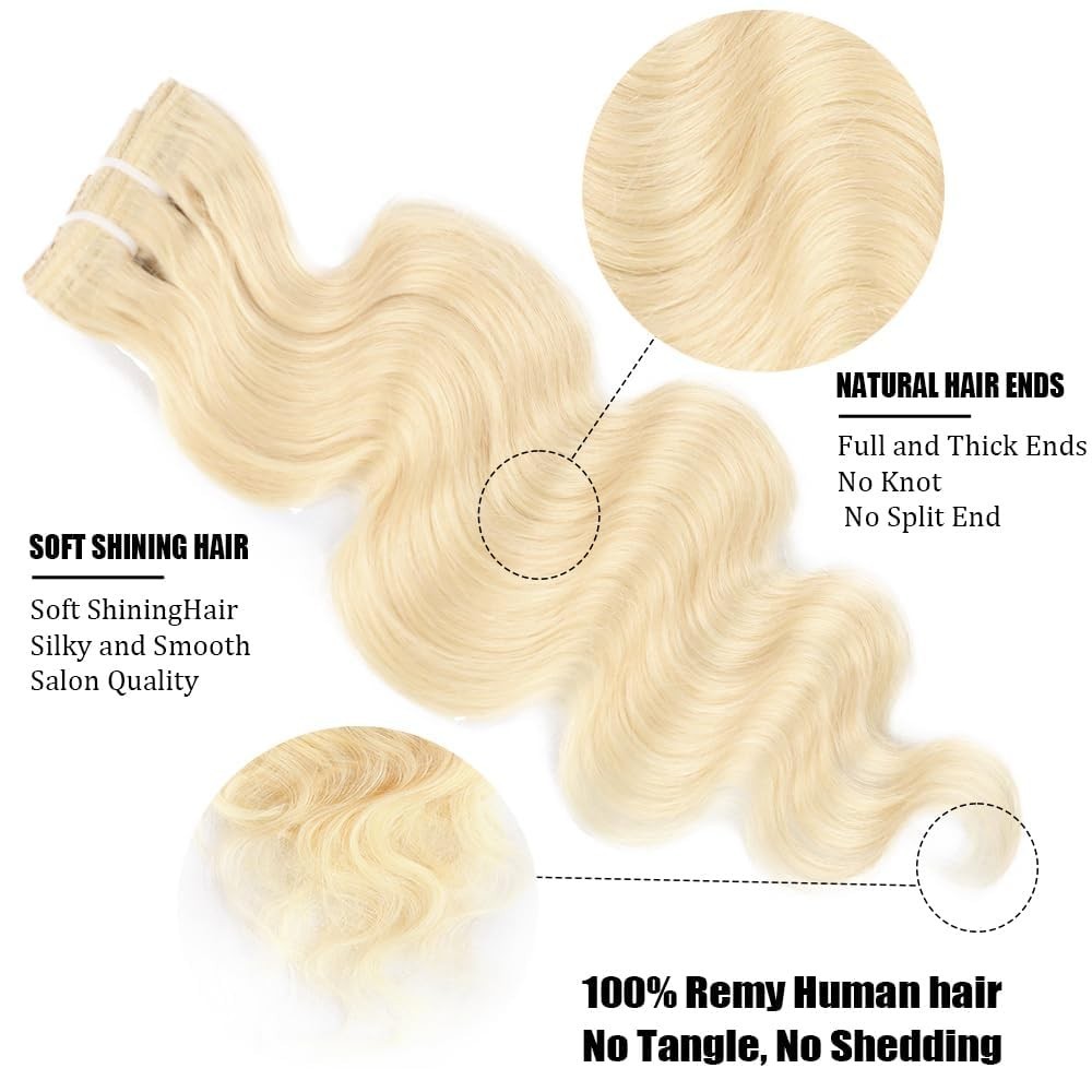 CALNESHIA Clip-in Hair Extensions 28″ Blonde Body Wave 8pcs 100% Brazilian Remy