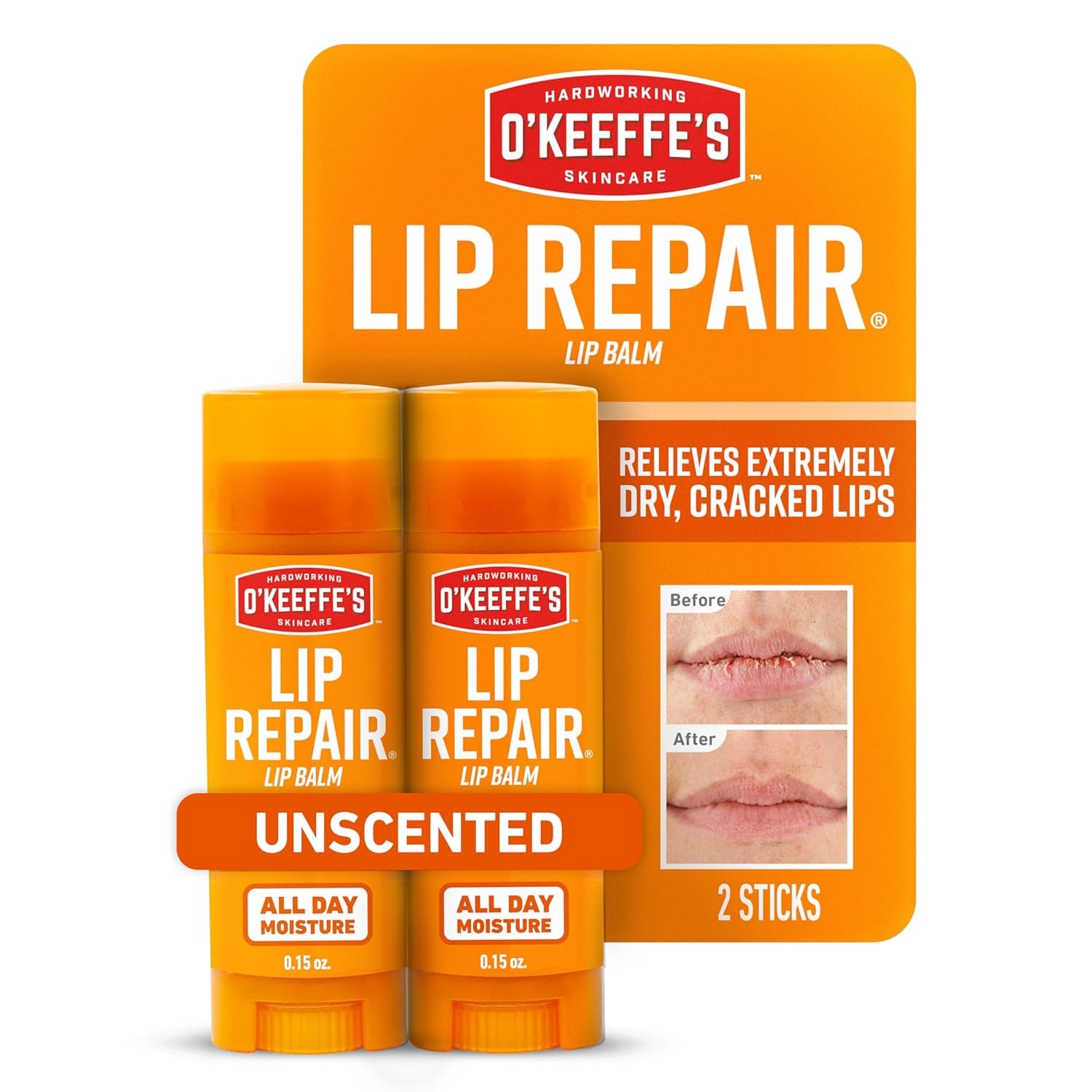 O’Keeffe’s Lip Repair Unscented Balm for Dry, Cracked Lips 2 Pack, Clear