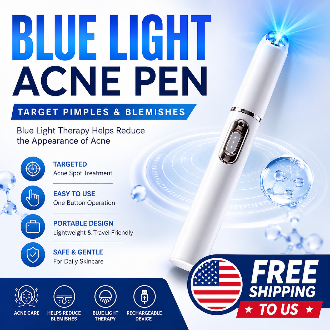 Blue Light Acne Treatment Pen LED Acne Remover Pimple Spot Therapy Device