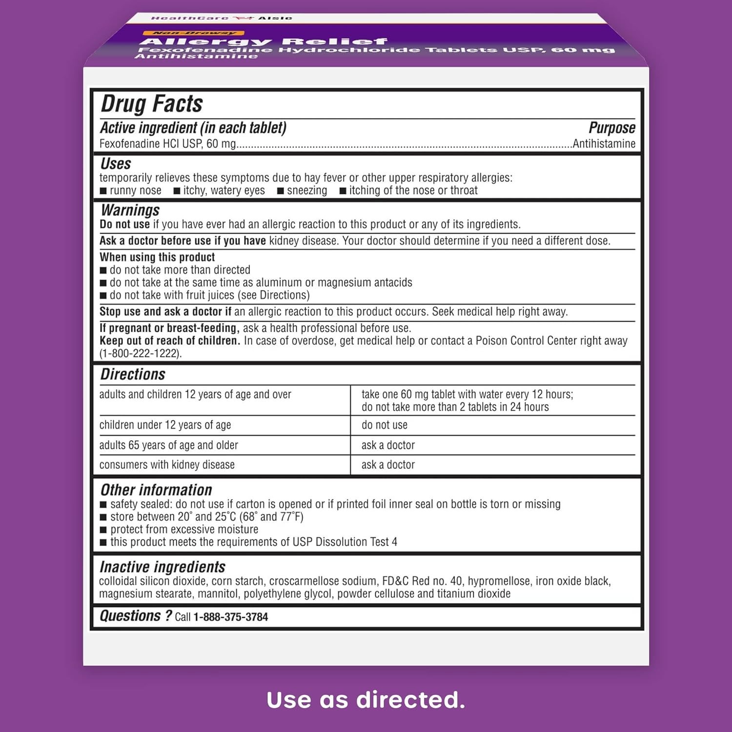 HealthCareAisle Fexofenadine 60mg Tablets, Non-Drowsy 12Hr Allergy Relie, 100 Ct