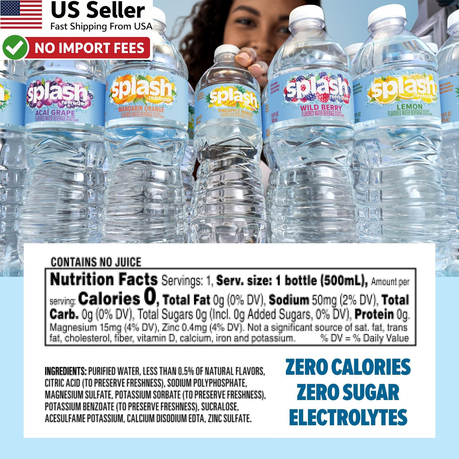 Splash Refresher Mandarin Orange Flavored Water 16.9 Oz 6-Pack Zero Sugar FRM US