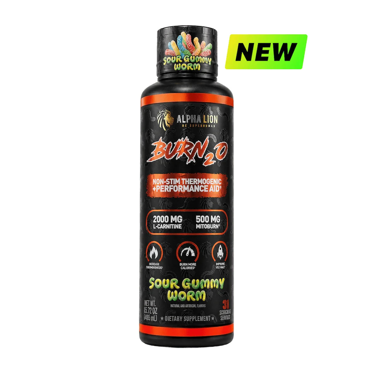 Alpha Lion BURN20 Burn 2O StimFree Liquid Thermogenic Fat Burner Sour Gummy Worm