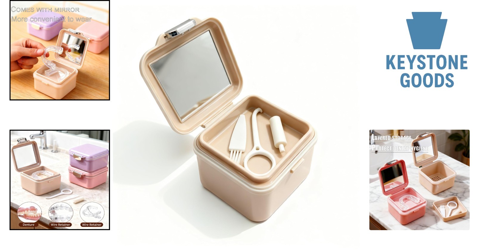 Portable Denture Cleaning & Storage Box with Mirror & Accessories
