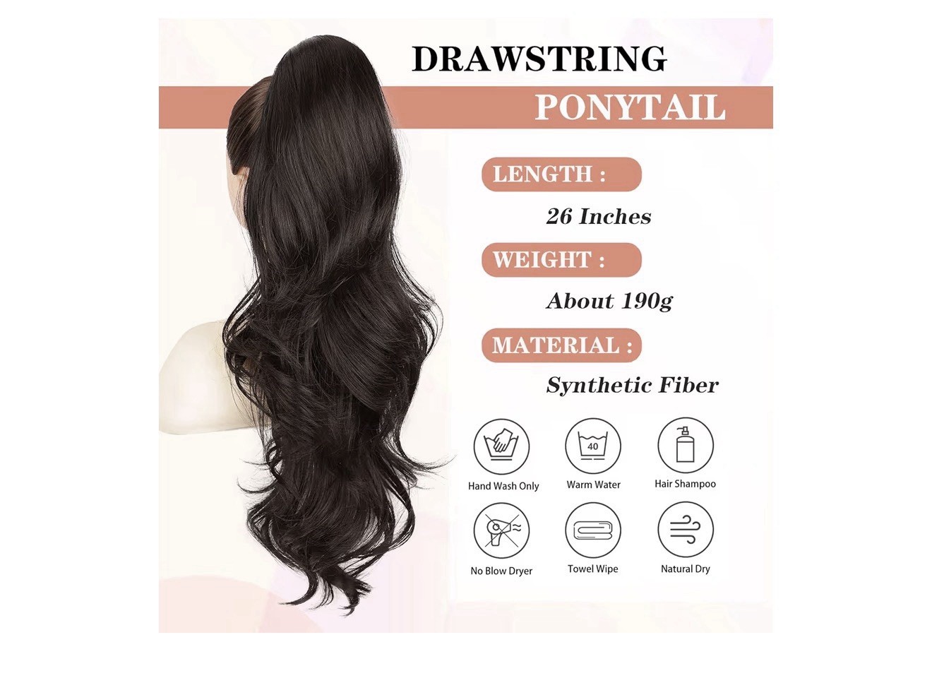 26″ Drawstring Ponytail Extension Dark Brown Long Wavy Hairpiece Women