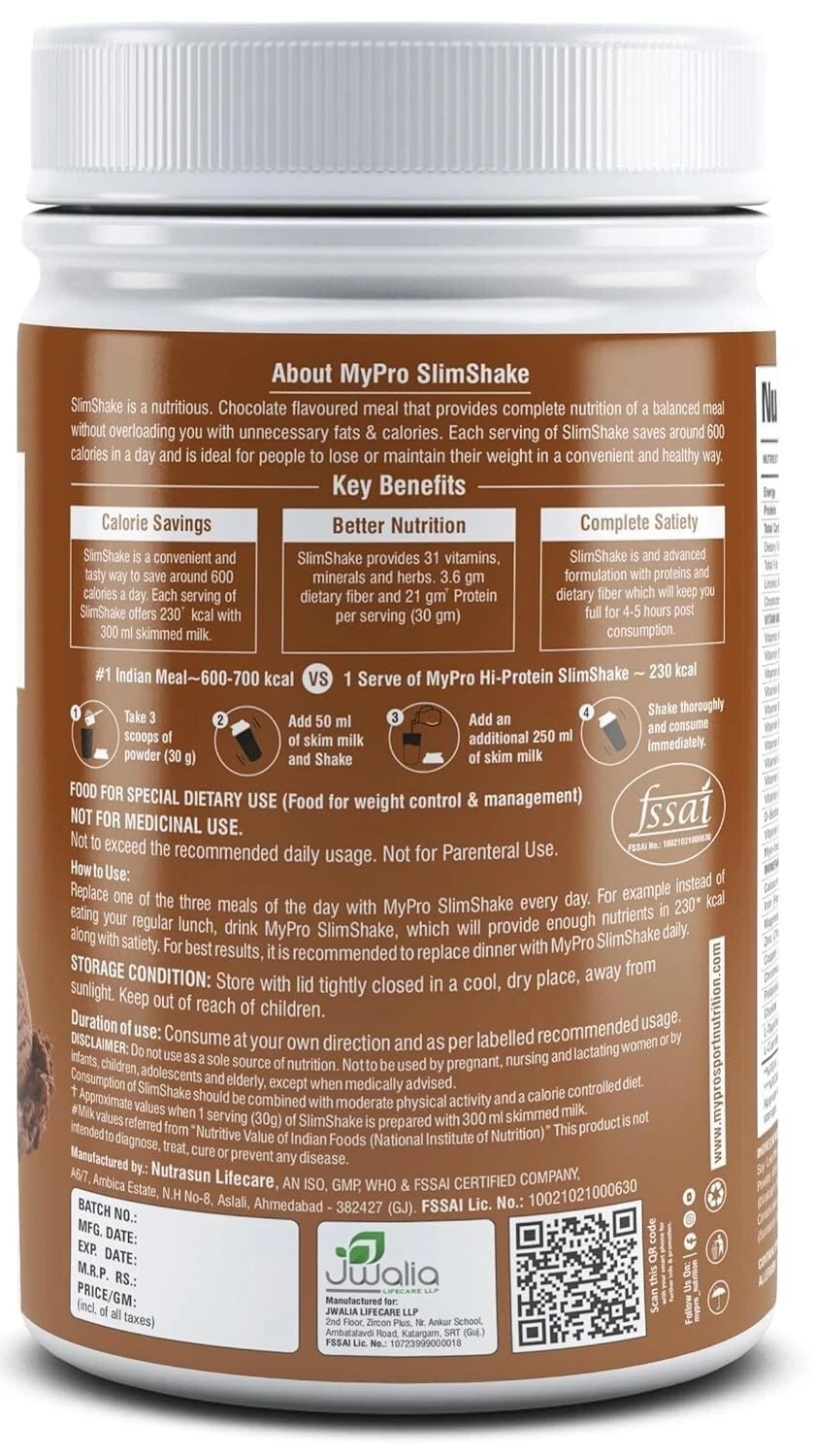 Mypro Sport Nutrition Slim Shake Protein Powder, Sugar-Free, Chocolate 500gm