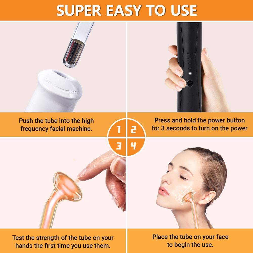 Portable High Frequency Facial Machine & 4 Glass Wands Violet Orange Ray Light