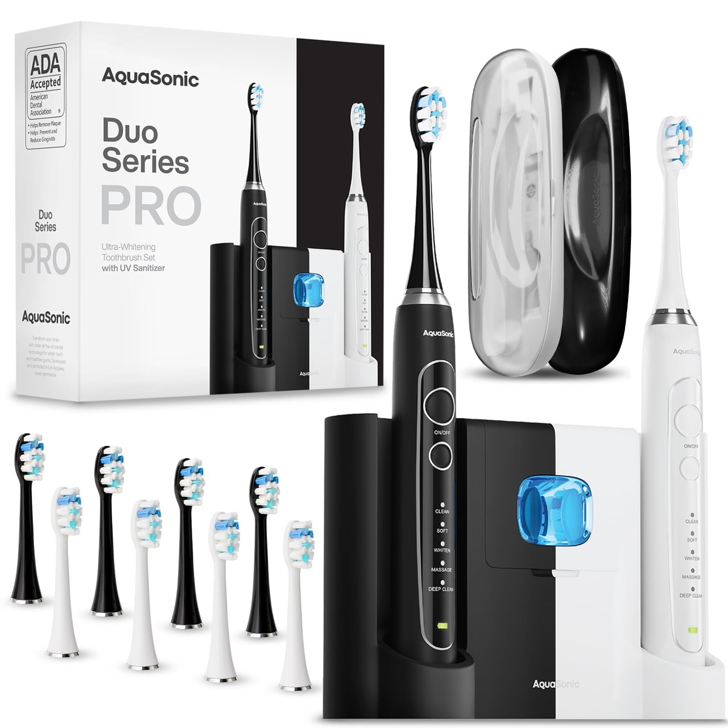 Duo Series UV Toothbrushes with Inductive Charging Base, 5 Modes, 10 Brush Heads