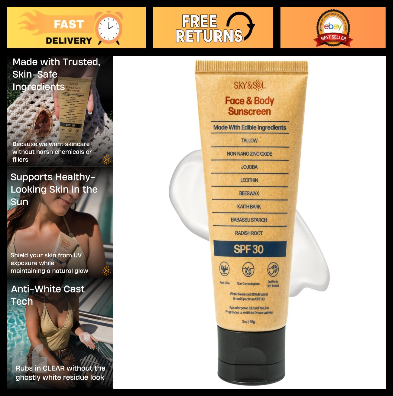 Natural Mineral Sunscreen SPF 30 – Reef Safe, Water Resistant, Fragrance-Free, N