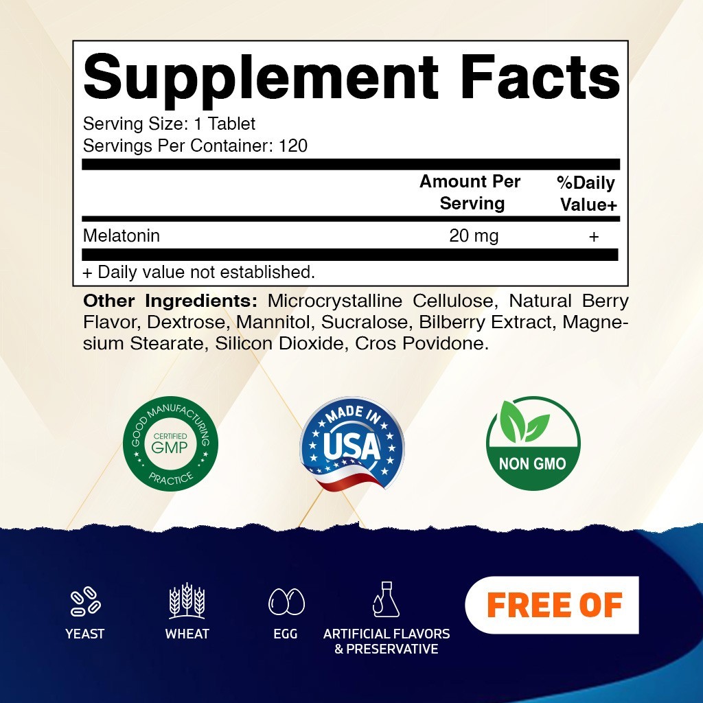 Vitamatic Melatonin 20 mg Fast Dissolve 120 Tablets – Natural Berry Flavor