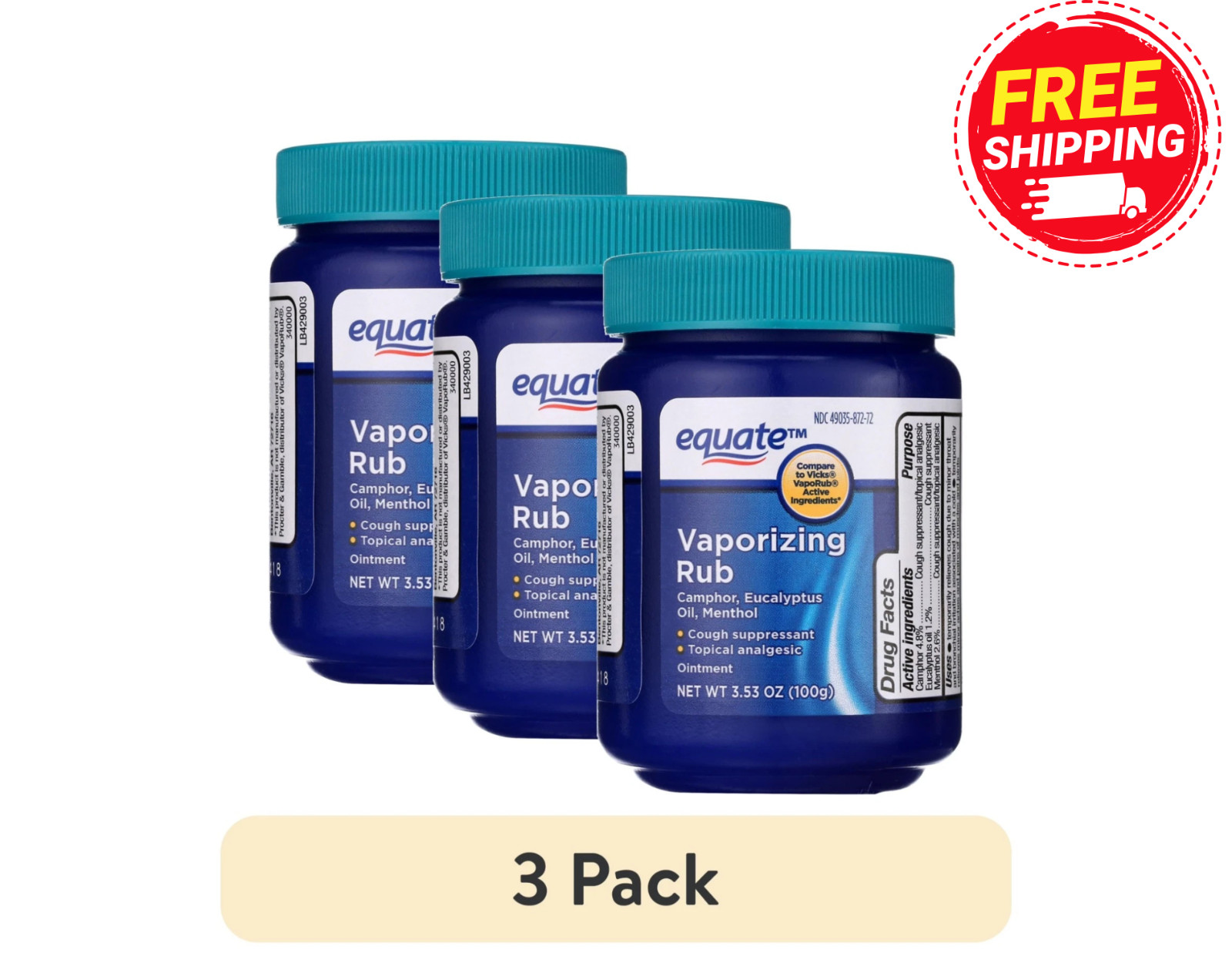 3 Pack Equate Vaporizing Rub Ointment 3.53oz Compare to Vicks Vaporub Active