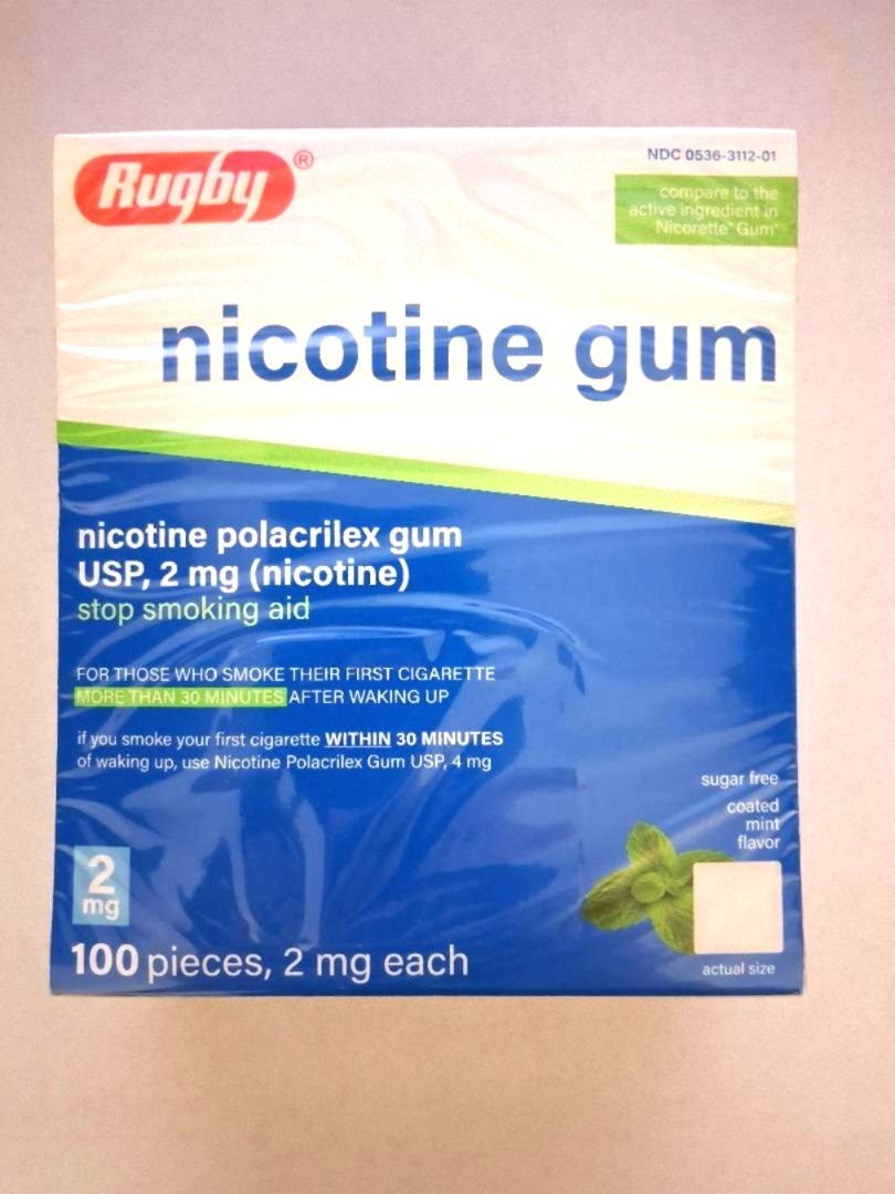 Rugby Nicotine Polacrilex Gum 2 mg Sugar Free Coated Mint Flavor 100 Pieces