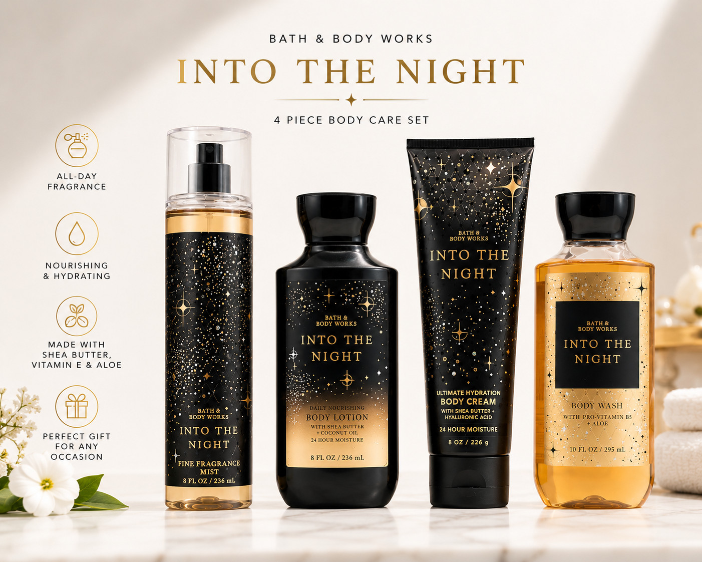 Bath and Body Works Into the Night 4 Piece(Lotion,Wash,mist,cream) Body Care Set