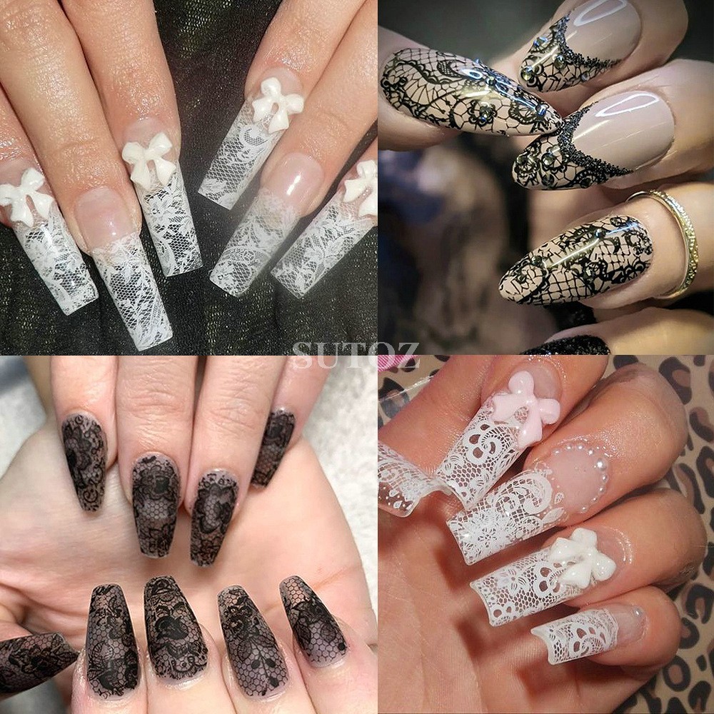 10Pcs Retro Black White Flower Lace Foils Nail Art Transfer Stickers Decals NH30