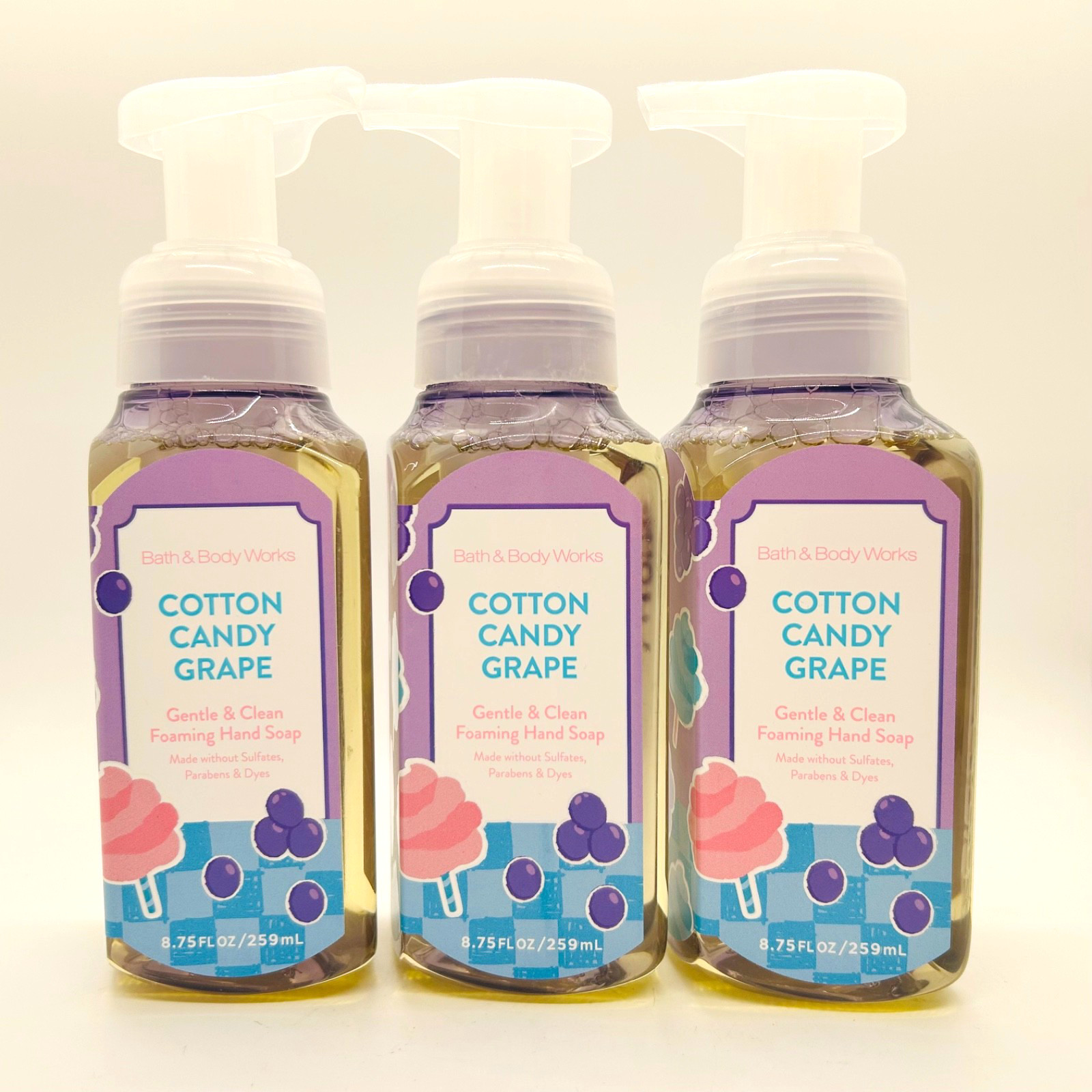 3-Pack Bath & Body Works COTTON CANDY GRAPE Gentle Foaming Hand Soap 8.75 fl oz