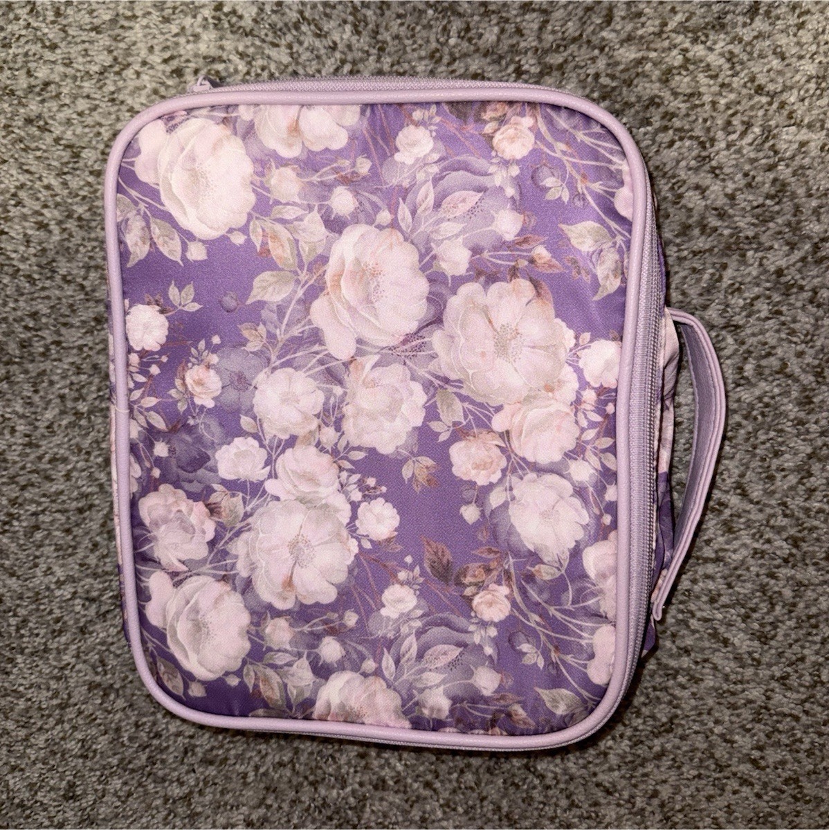Purple Pink White Floral Makeup Case Organizer, Zippered Zipper Closure