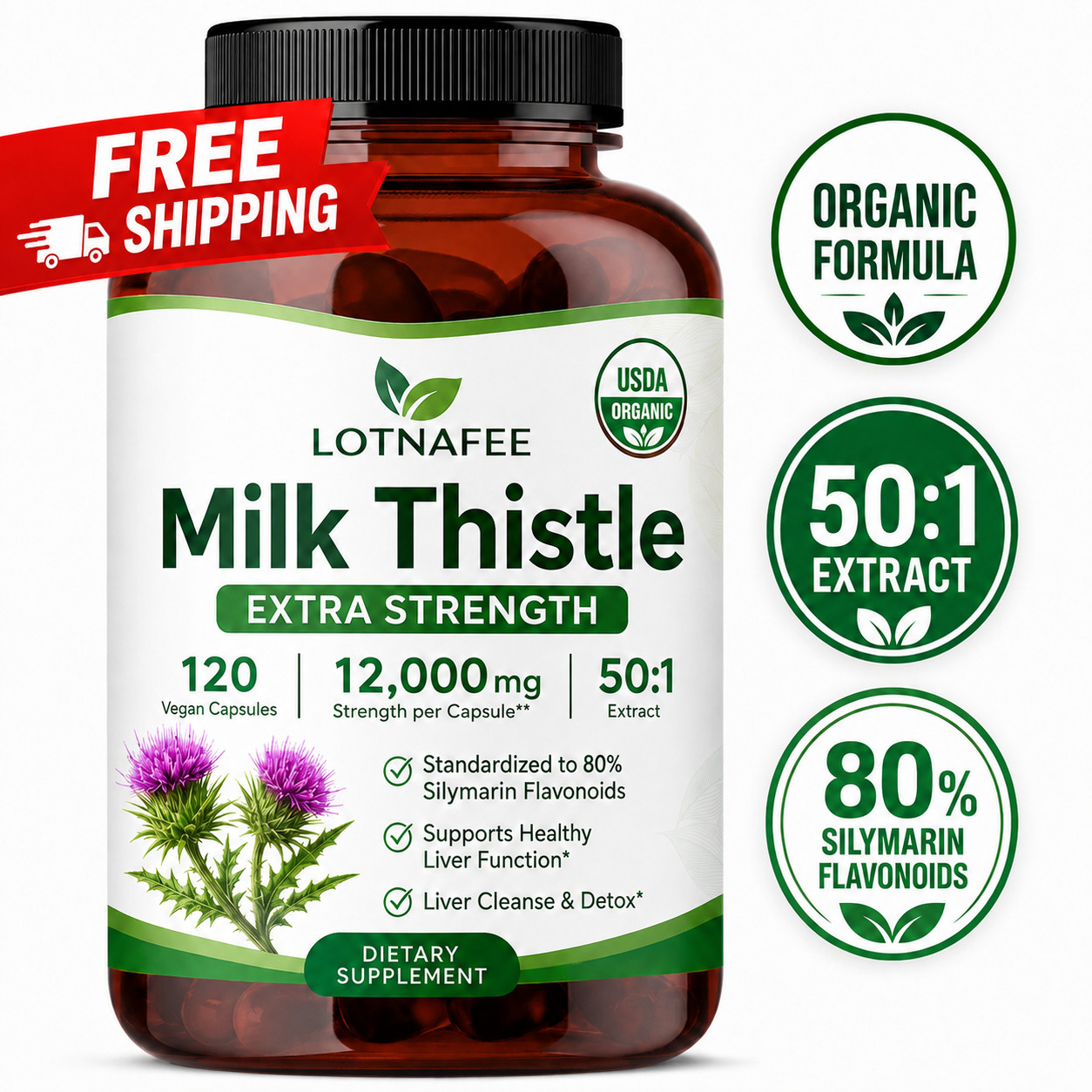 Organic Milk Thistle Extract (12,000 mg high concentration), 120 vegan capsules
