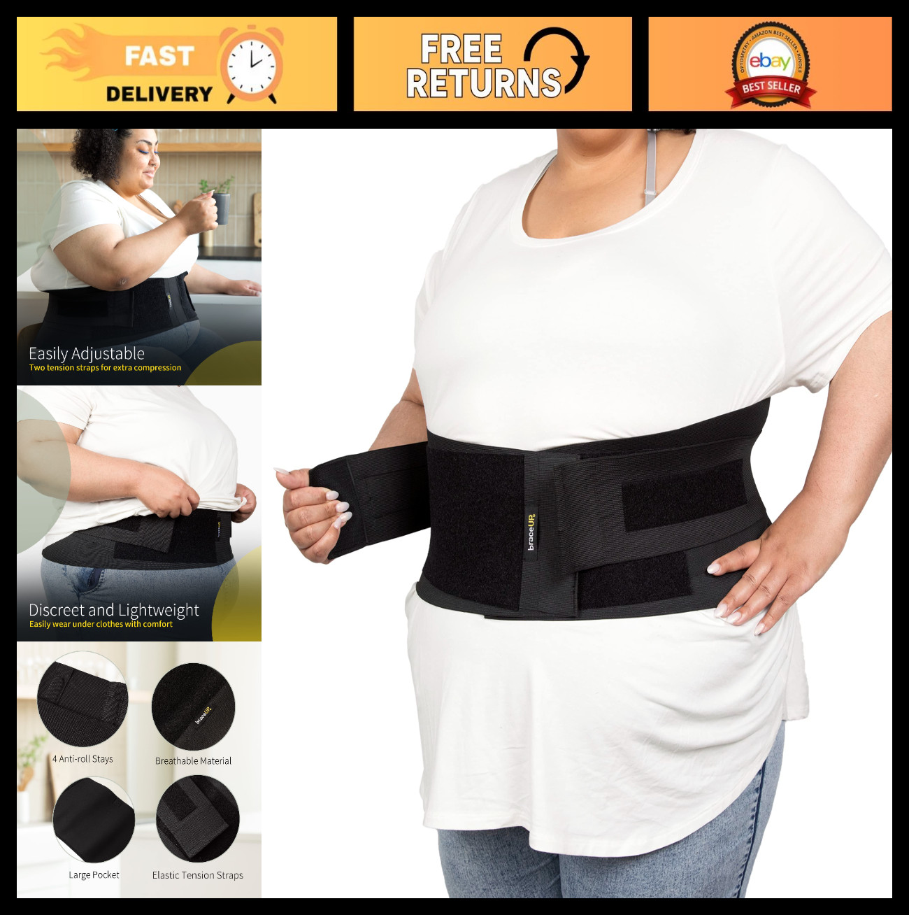 Plus Size Back Brace for Men & Women – XL Lower Back Support, Pain Relief, Compr
