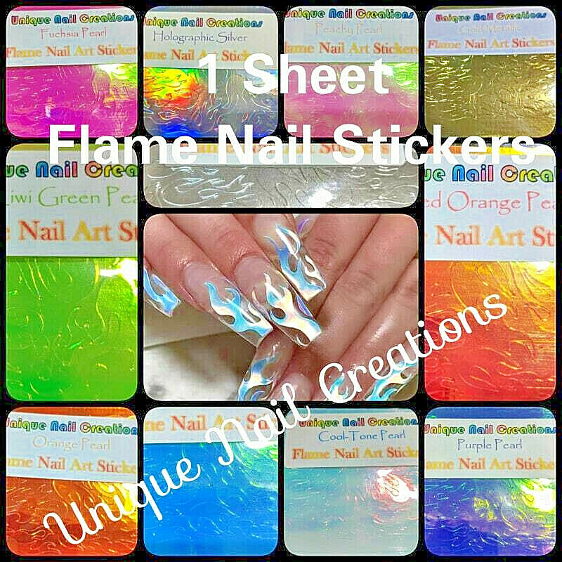 Holographic FIRE FLAME NAILS Pearl Stickers Manicure 1-Piece~Nail Art USA